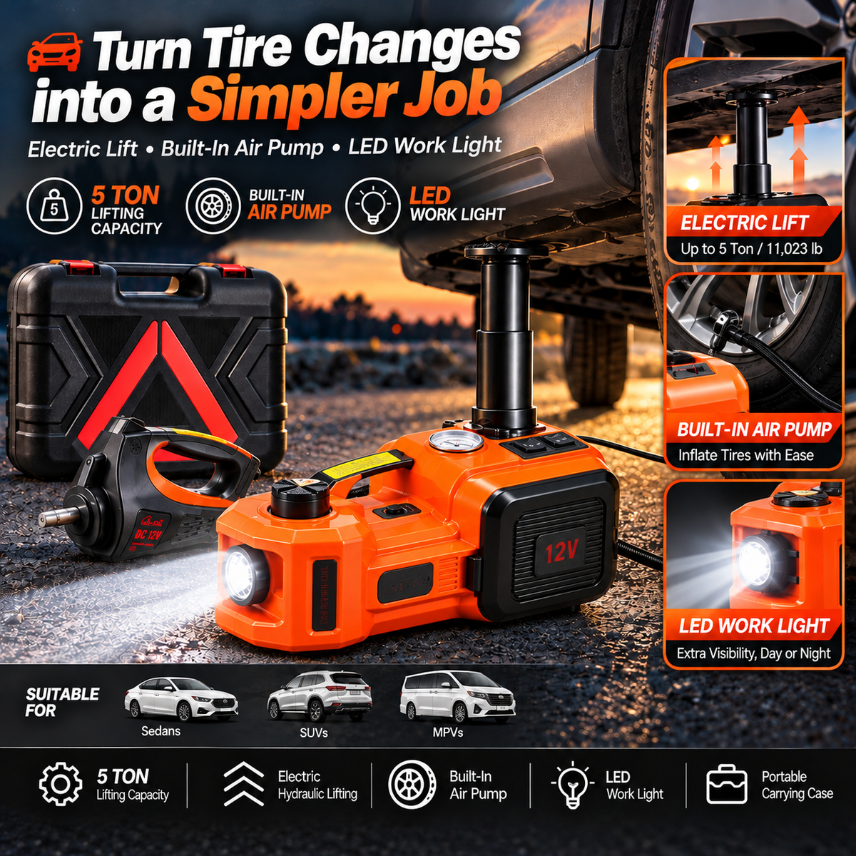 5-Ton Electric Car Jack with Air Pump & LED Light