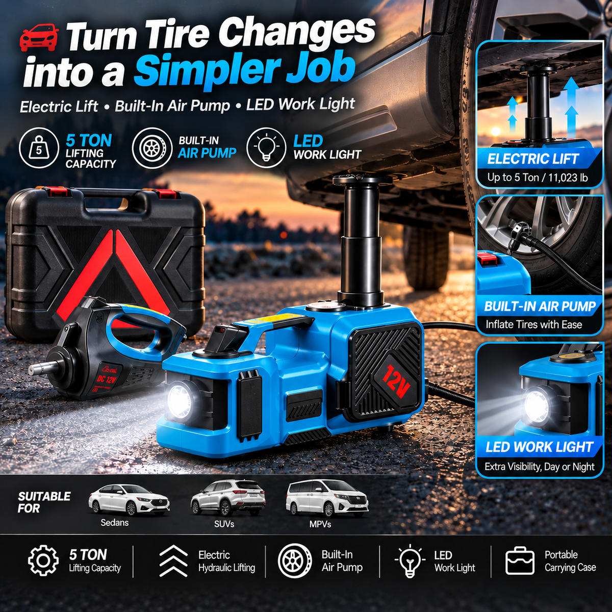 5-Ton Electric Car Jack with Air Pump & LED Light
